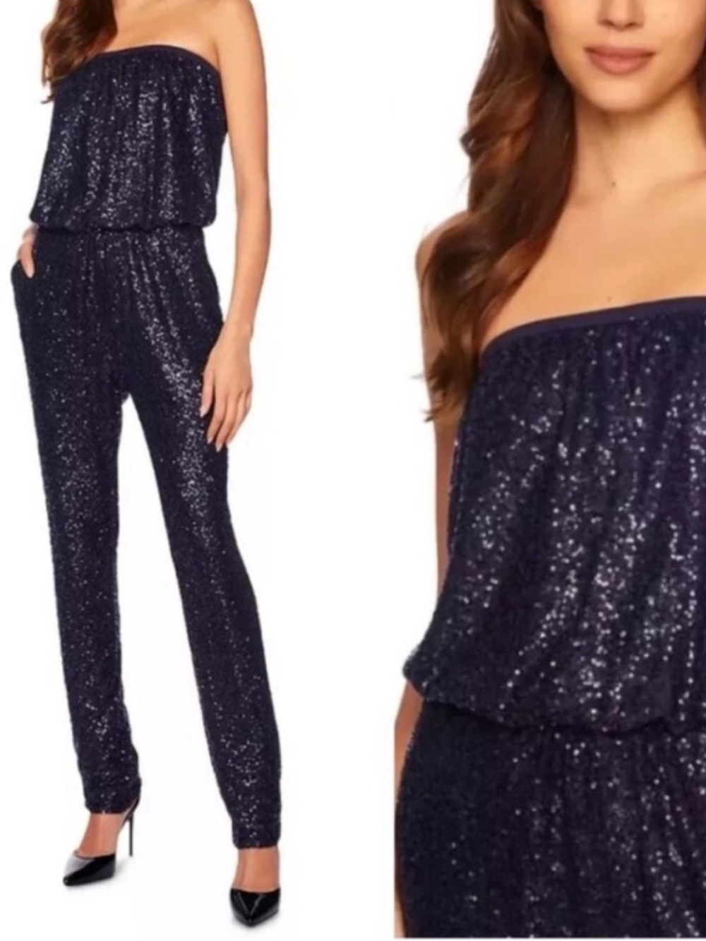 Susana Monaco Strapless jumpsuit Thunder Navy Blue Sequin pockets S/M Revolve - Picture 1 of 15